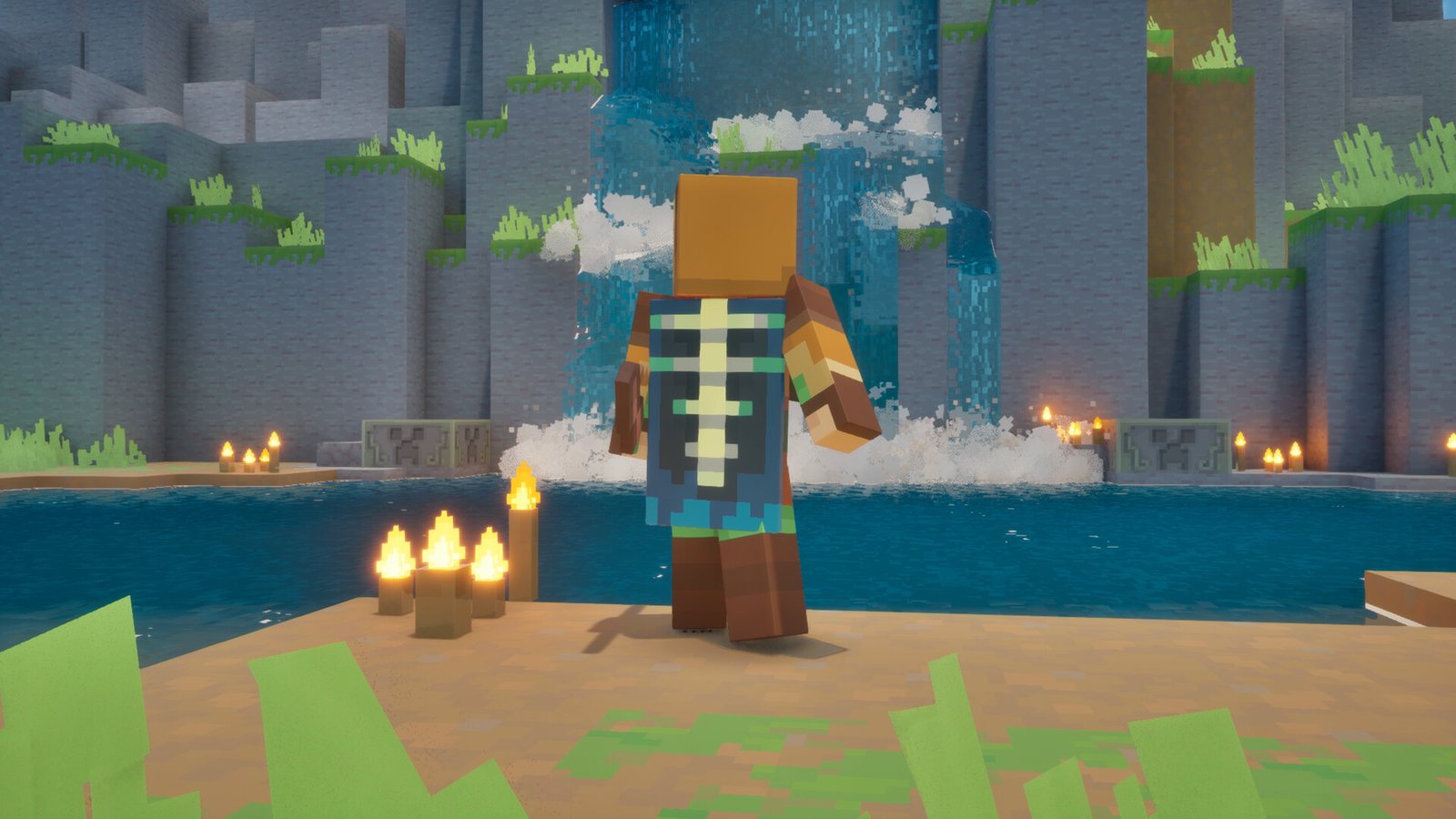 A hero in a bone-motif cape faces a waterfall bay