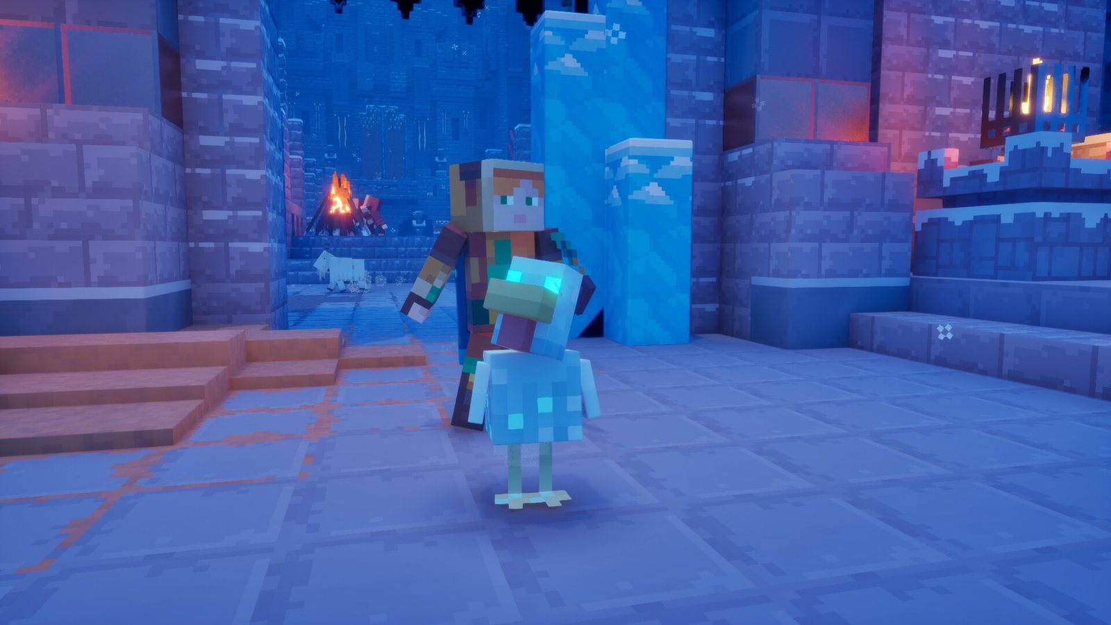 A hero is followed by a glowing chicken companion through a snow-dusted fortress gate