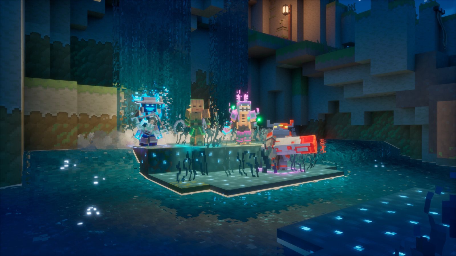 Four heroes pose together on a stone platform above glowing soul-lit water