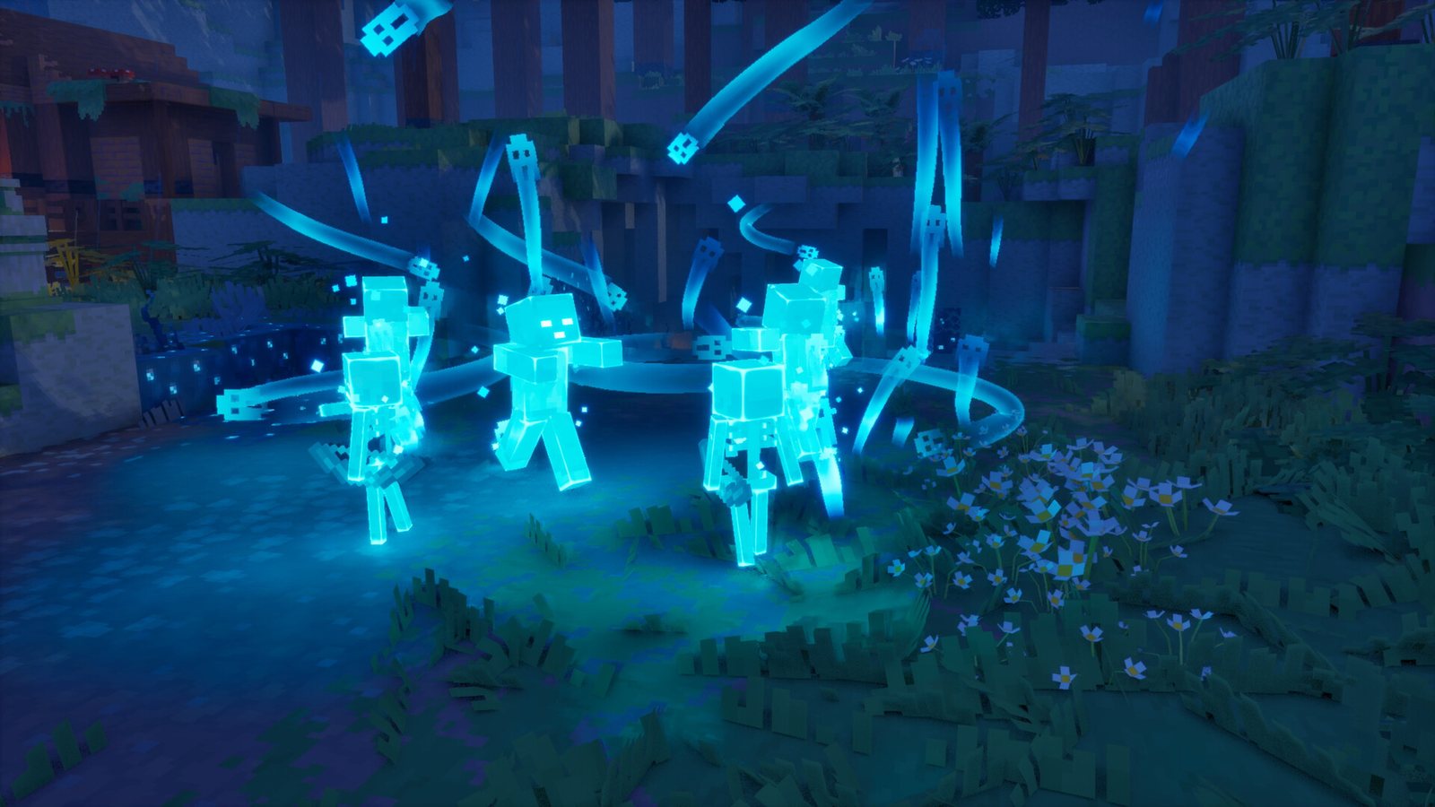 Soul-infused skeletons glow cyan in a nighttime flower garden