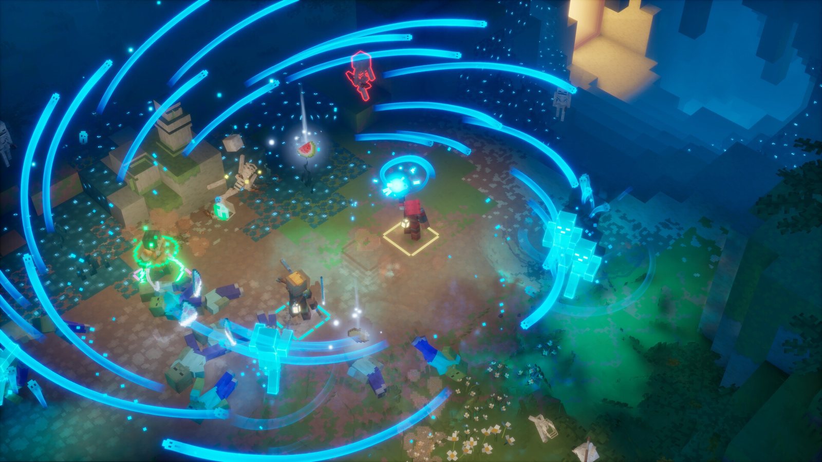 A hero channels sweeping arcs of cyan soul energy in a top-down battle