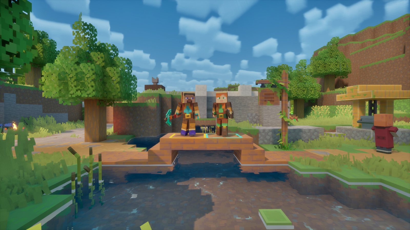 Two heroes cross a bridge in a bright village while a villager watches